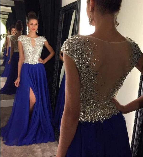 Royal Blue See Through Prom Dress, Royal Blue Long Prom Dress, Beaded Prom Dress, 2017 Evening Party Prom Dress, 17004 Tunics Wedding white