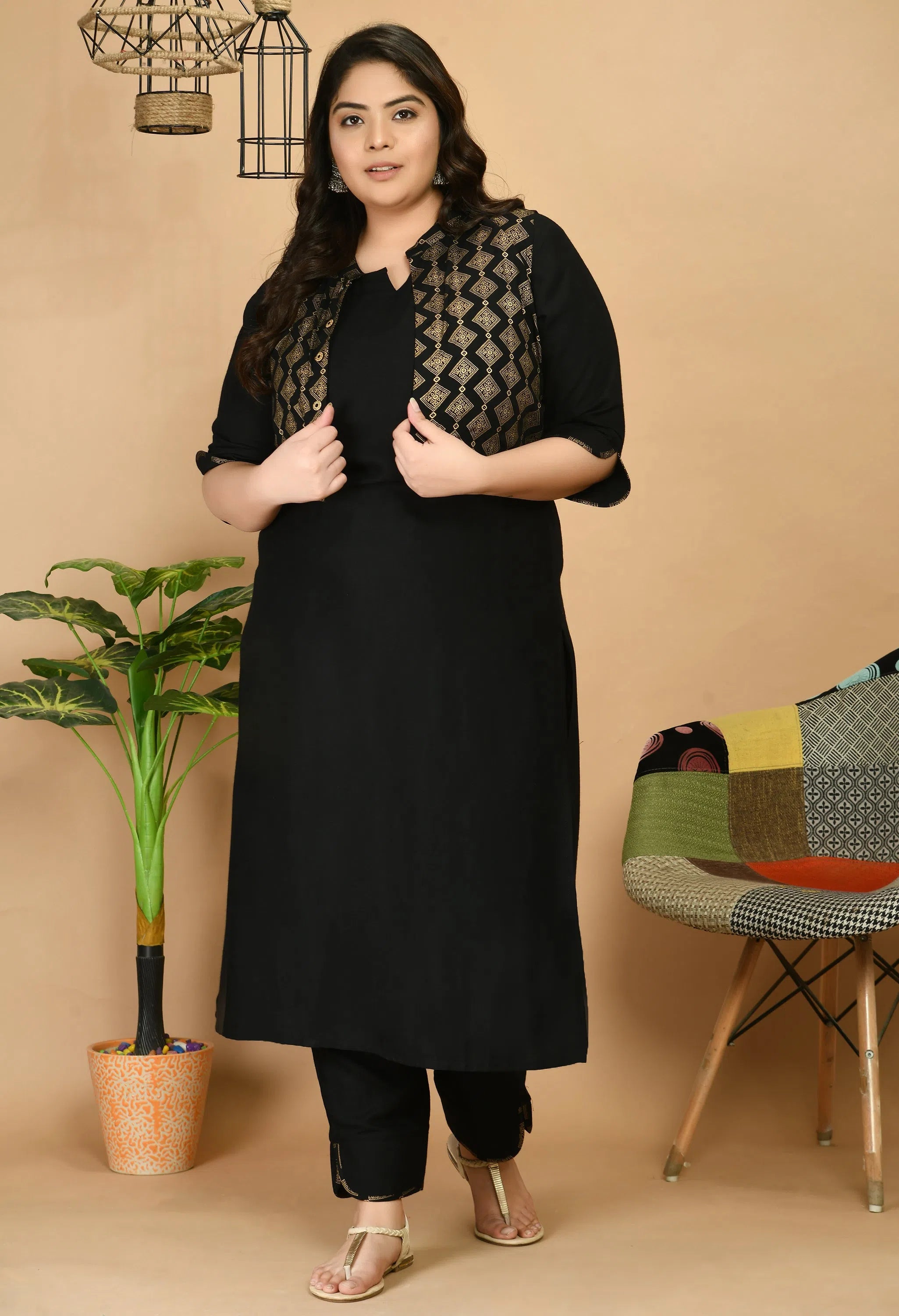 Plus Size Gold Printed Jacket Kurta Pant Set Faux Fur Jacket Real Fur Jacket Shearling Jacket