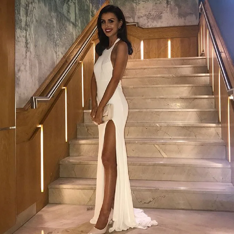 White Halter Jersey Prom Dresses, Backless Slit Mermaid Sexy Prom Dresses, KX1222 Tunics Cozy soft