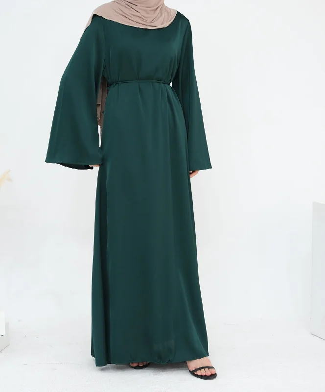 Calista Trumpet Sleeves Satin Dress - Emerald Tunics Occasion special