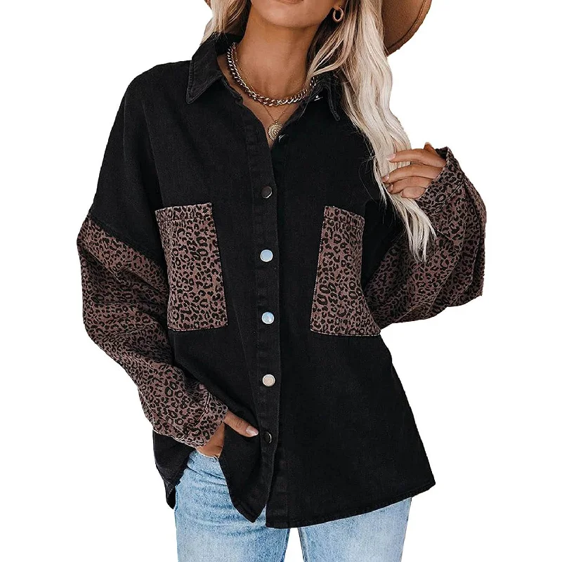 Womens Contrast Leopard Denim Jacket Long Sleeve Button Down Shirts Herringbone Jacket Checkered Jacket Solid Jacket