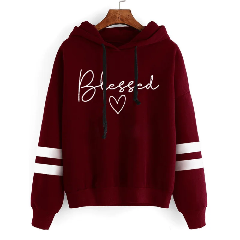 Wholesale Blessed Love Print Autumn and Winter Hooded Long Sleeve Polyester Sweatshirt Hoodie with Double Zipper Versatile Adjustable