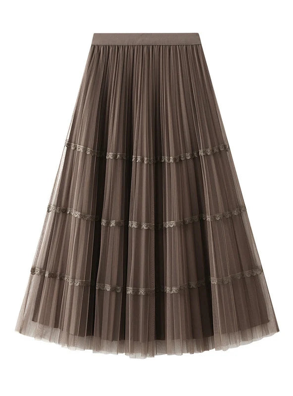 High Waist Lace Stitching Pleats on Both Sides of Mesh Skirt spandex blend skirt
