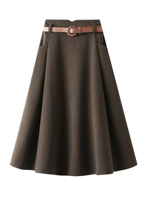 Women Pocket Woolen Skirt With Belt wool skirt thick