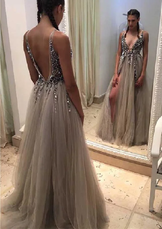 Sexy Backless Beaded Evening Prom Dresses, Long Grey Tulle Party Prom Dress, 2017 Long Prom Dress, Cheap Party Prom Dress, Formal Prom Dress, 17022 Tunics Favorite customer