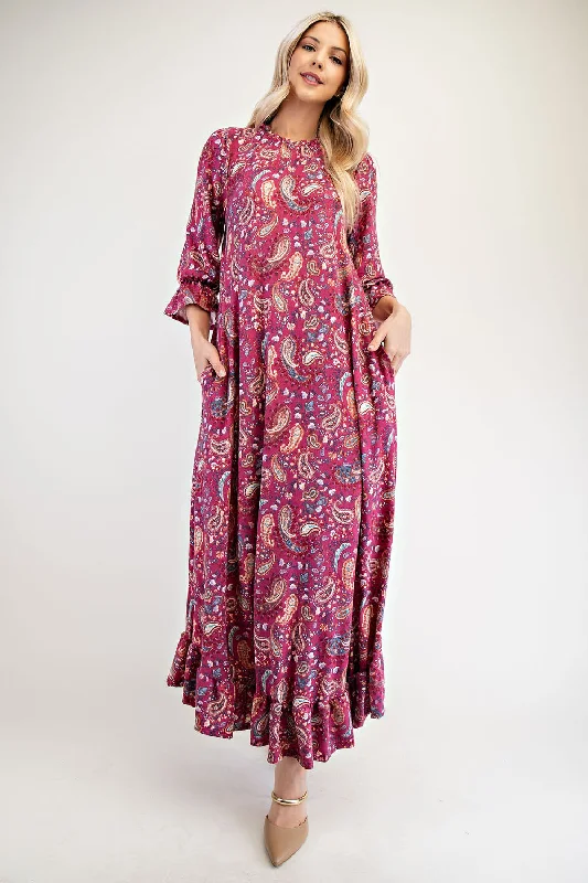 Hazel Blues® |  Celeste Ruffle Hem Paisley Round Neck Dress Tunics Trendy modern