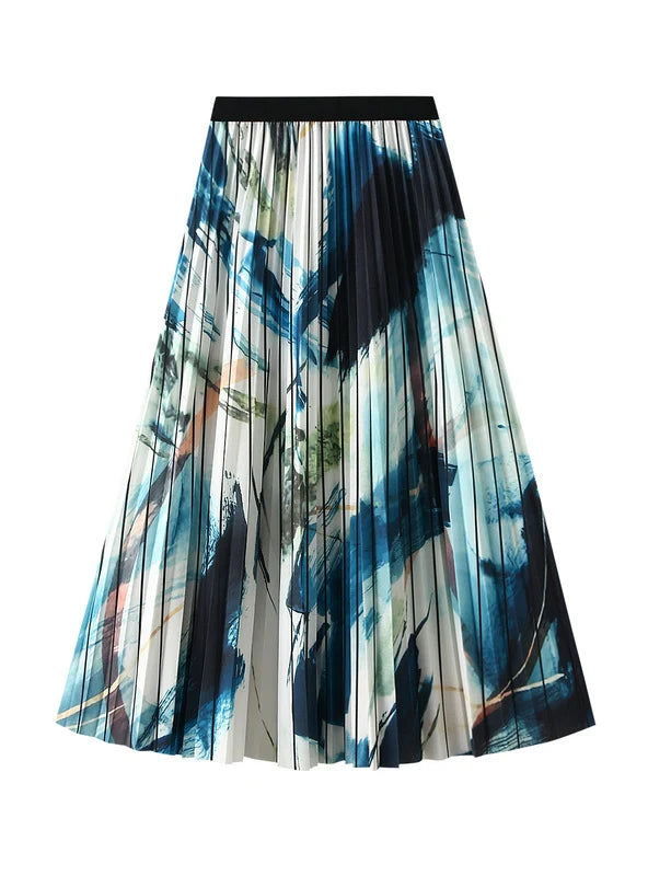 Pleated Chiffon Gradient Smudge Print Skirt silk skirt lustrous