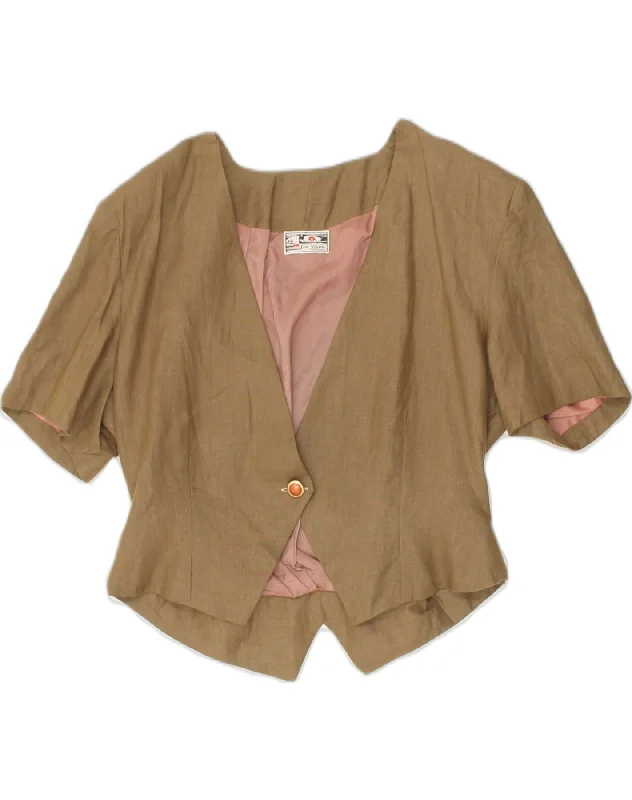 VINTAGE Womens Crop 1 Button Blazer Jacket IT 46 Large Brown Linen Fleece Jacket Down Jacket Feather Jacket