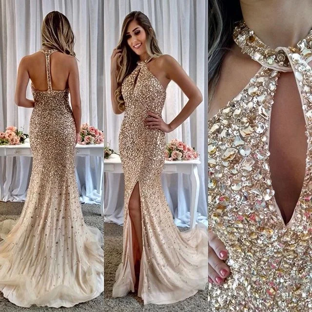Sexy Beaded Backless Prom Dress, Luxury Tulle Mermaid Prom Dress, KX411 Tunics Polka dots