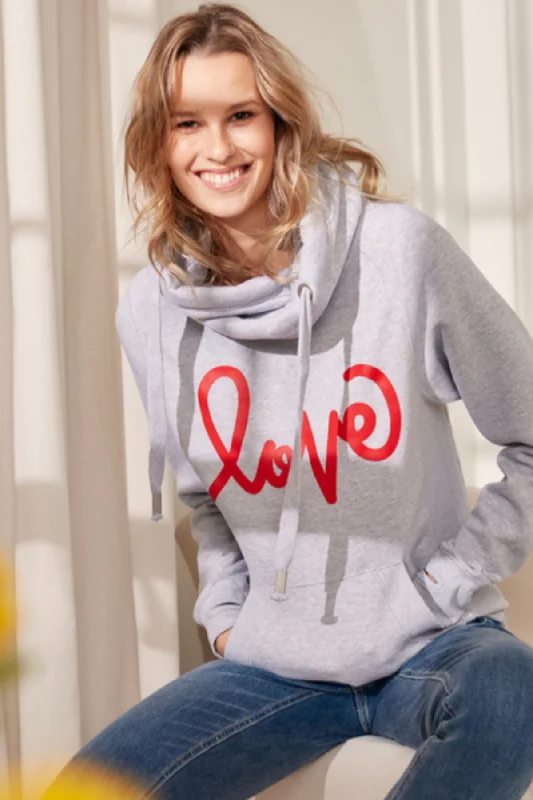 Grey Love Me Cowl Neck Hoodie Hoodie with Drawstring Waist Adjustable Fitted