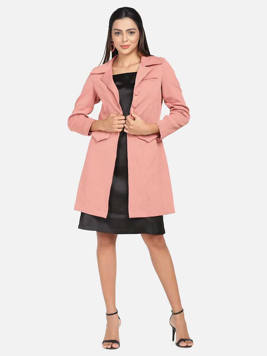 Women Solid Standard Peach Collared Neck Full Sleeve Jacket Welt Pockets Slit Pockets Flap Pockets