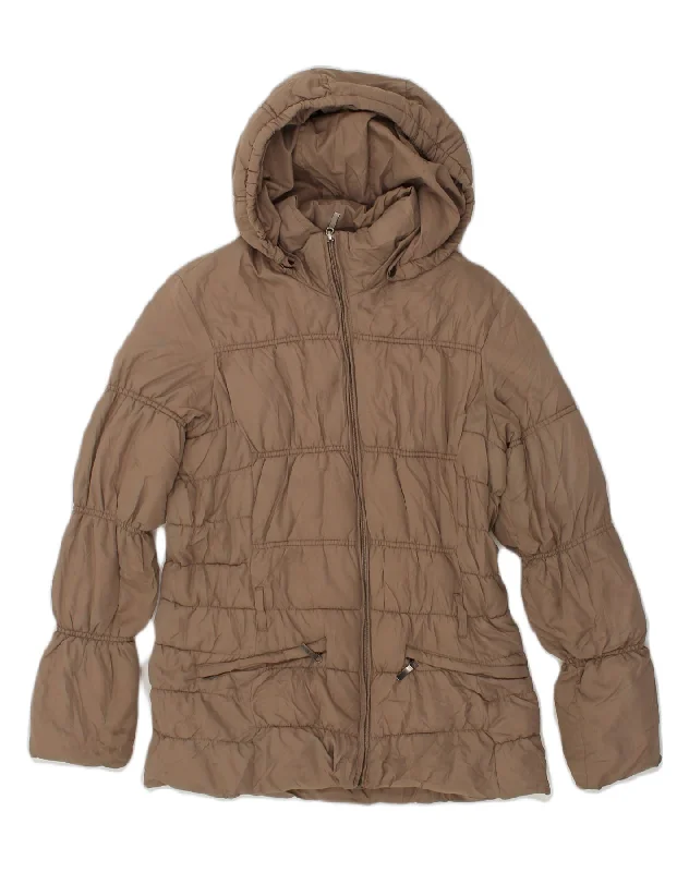 BRUGI Womens Hooded Padded Jacket IT 42 Medium Brown Polyester Faux Fur Jacket Real Fur Jacket Shearling Jacket
