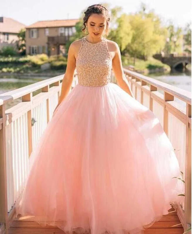 Blush Pink Tulle A line Evening Prom Dresses, Beaded Long Party Prom Dress, Custom Long Prom Dress, Cheap Party Prom Dress, Formal Prom Dress, 17030 Tunics Practical durable