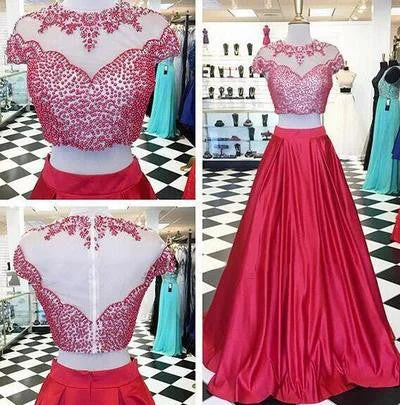 Red Two Pieces Evening Prom Dresses, Cap sleeve Beaded Party Prom Dress, Custom Long Prom Dresses, Cheap Formal Prom Dresses, 17066 Turtleneck Neckline Stylish