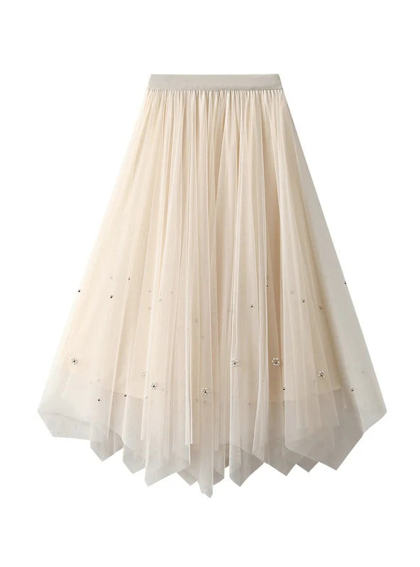 High Waist Slim Irregular Pleated Beaded Gauze Skirt pleated skirt texture