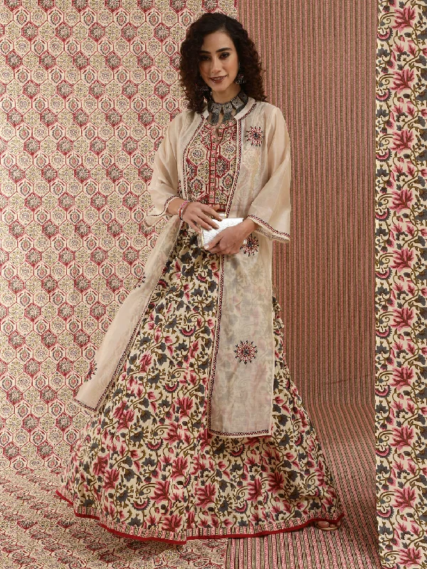 Women's Cream Floral Printed Lehenga Choli With Jacket - Aks Cotton Fabric Linen Fabric Terry Fabric