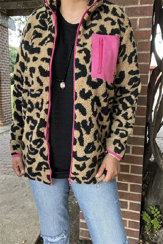 BQ15489 Black/beige leopard w/front pockets&fuchsia zipper long sleeve women coats/jackets wholesale Fitted Jacket Loose Jacket Oversized Jacket