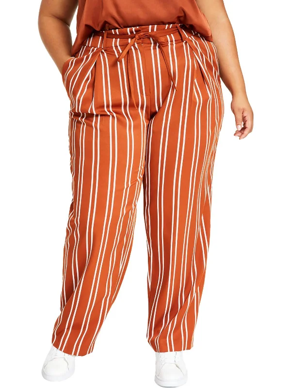 Plus Womens Striped Tie Waste Wide Leg Pants High-Waist Trousers