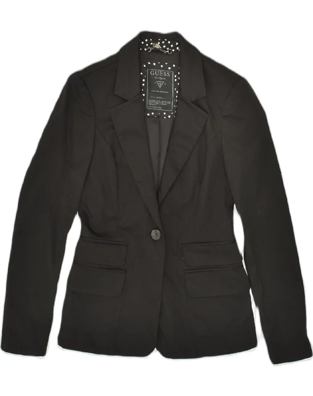 GUESS Womens 1 Button Blazer Jacket US 4 Small Black Cotton Welt Pockets Slit Pockets Flap Pockets