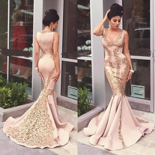 Sexy Mermaid Gold Lace Evening Prom Dresses, Long Deep V Neckline Party Prom Dress, Custom Long Prom Dresses, Cheap Formal Prom Dresses, 17071 Tunics Solid Classic