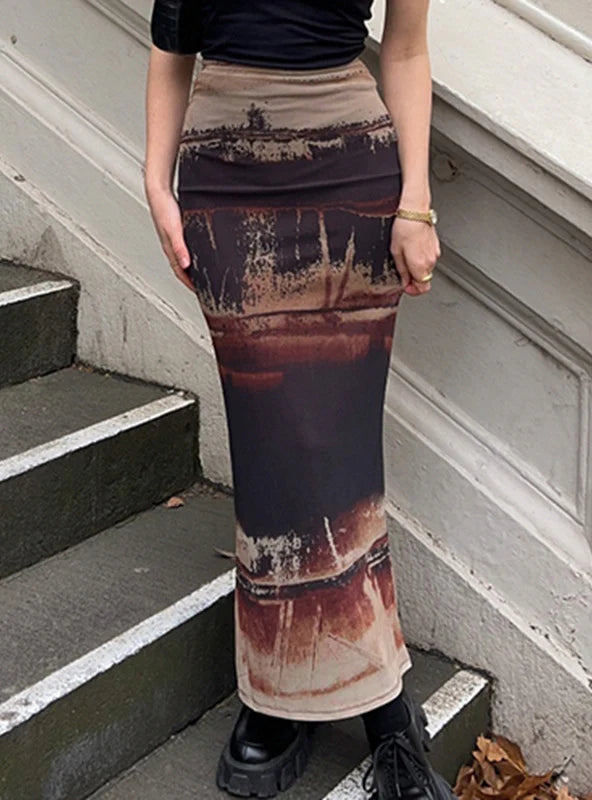 Retro Printed Elastic Fishtail Skirt silk skirt lustrous