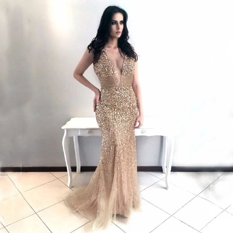 Luxury Deep V-Neck Prom Dress, Tulle Mermaid Prom Dress, Beaded Luxurious Prom Dress, KX68 Tunics Versatile stylish