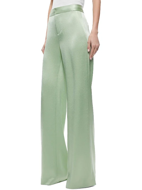Deanna Womens Satin High Waist Wide Leg Pants Stretch Fit Pants