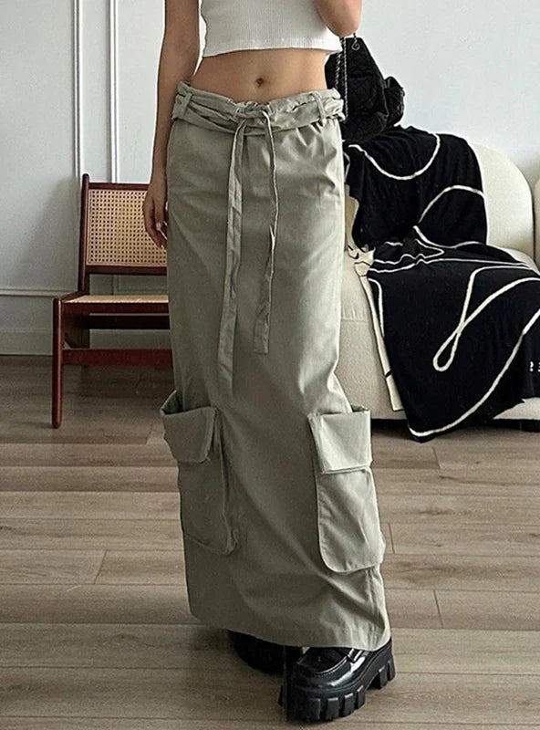 Large Pocket Splicing Low Waist Skirt chiffon skirt airy