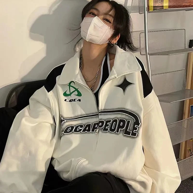 Advbridge Vintage Oversized Women Sweatshirts Grunge Y2k Korean Streetwear Black White Zip Up Hoodies Female Hip Hop Fashion Tops Hoodie with Emblem Brand Identity Advbridge Vintage Oversized Women Sweatshirts Grunge Y2k Korean Streetwear Black White Zip Up Hoodies Female Hip Hop Fashion Tops Hoodie with Emblem Brand Identity