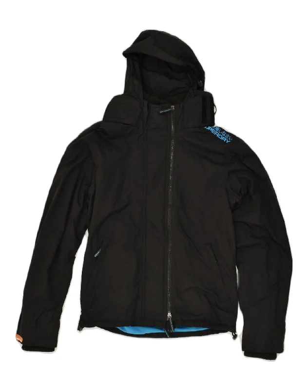 SUPERDRY Womens Hooded Windbreaker Jacket UK 12 Medium Black Nylon Notch Collar Jacket Peter Pan Collar Jacket Cowl Neck Jacket SUPERDRY Womens Hooded Windbreaker Jacket UK 12 Medium Black Nylon Notch Collar Jacket Peter Pan Collar Jacket Cowl Neck Jacket