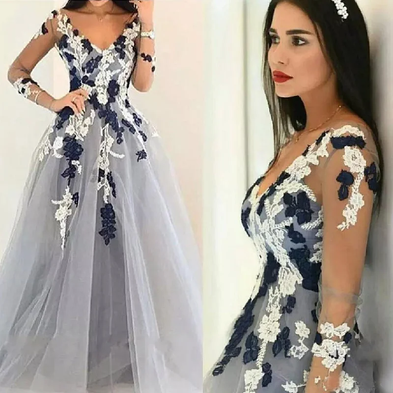 Elegant A-Line Tulle Long Sleeve Prom Dress, V-Neck Applique Floor-Length Prom Dress, KX343 Bodycon Club Sequined