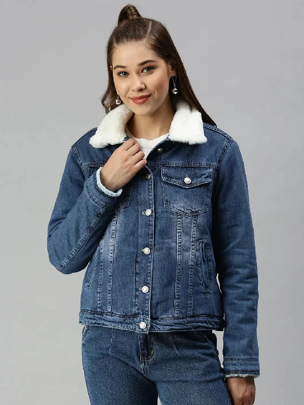 Women's Blue Solid Denim Jacket Jackets-IM-JKT9827-Blue Appliqued Jacket Beaded Jacket Sequined Jacket
