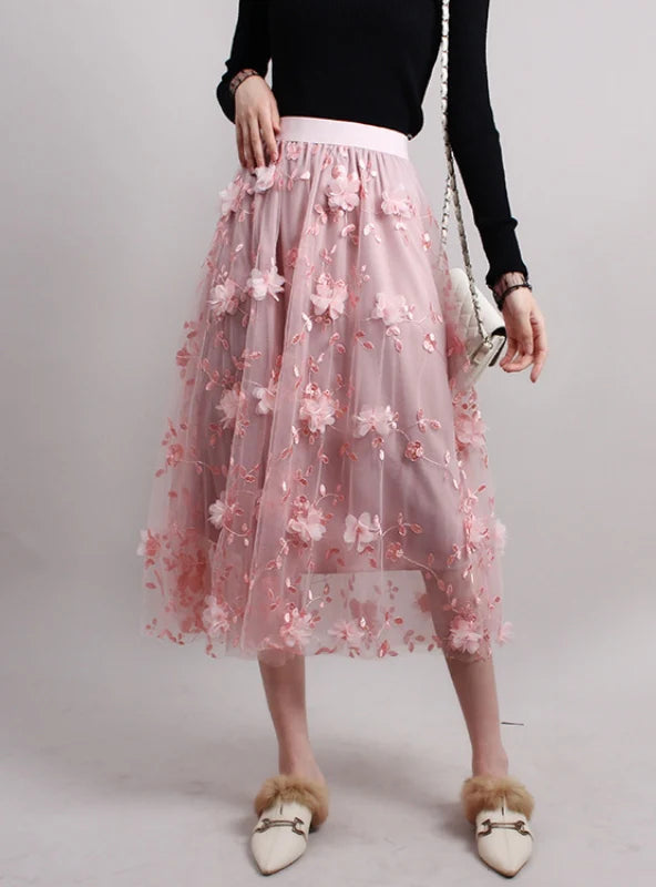 Double-layer Gauze Embroidery Skirt velvet skirt luxurious