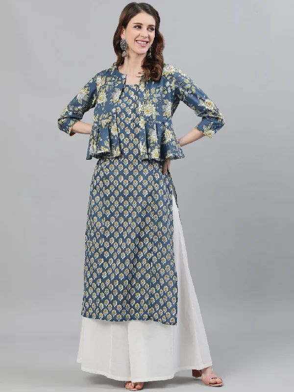 Women's Blue Floral Printed Straight Kurta With Jacket - AKS A-Line Jacket Boat Neck Shawl Collar