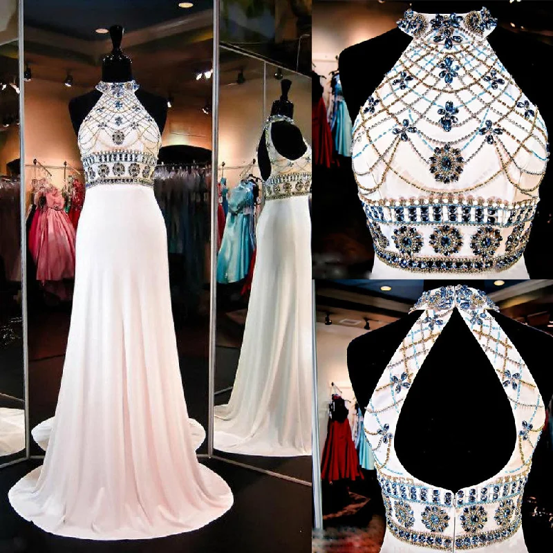 Open-Back Sleeveless Prom Dress, Beaded Sexy Sequin Prom Dress, Mermaid Chiffon Prom Dress, KX194 Tunics Bridal satin