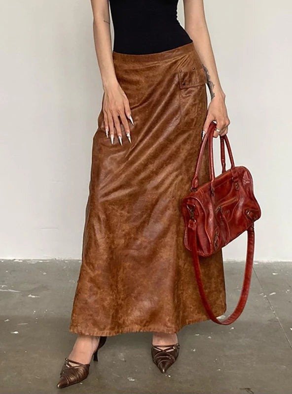 Retro Leather Stitching Pocket Skirt wool skirt sturdy