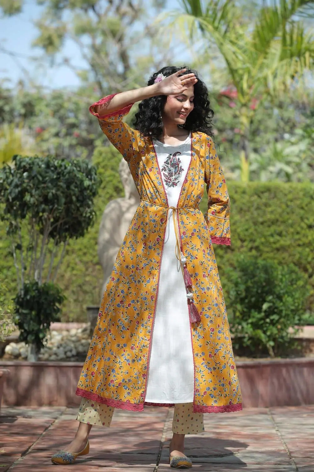 Juniper Mustard Cambric & Rayon Printed Jacket Style Kurta Pant Set Notch Collar Peter Pan Collar Cowl Neck