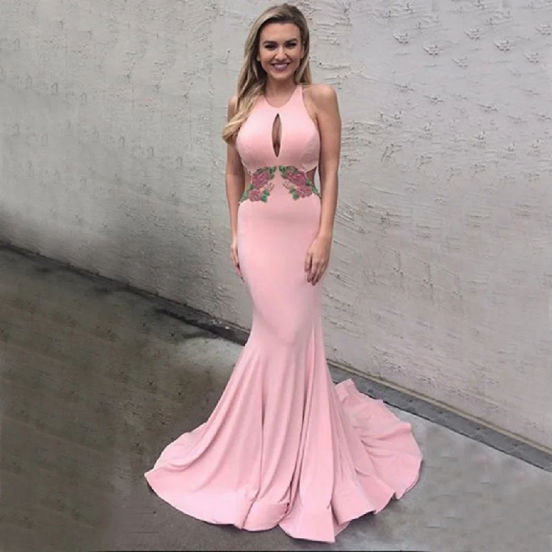 Pink Mermaid Sxey Backless Prom Dress, Applique Jersey Floor-Length Prom Dress, KX208 Tunics Leisure comfortable