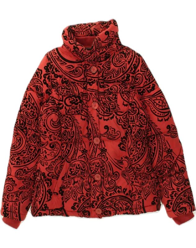 DESIGUAL Womens Padded Jacket EU 40 Medium Red Paisley Polyester Front Pockets Side Pockets Patch Pockets