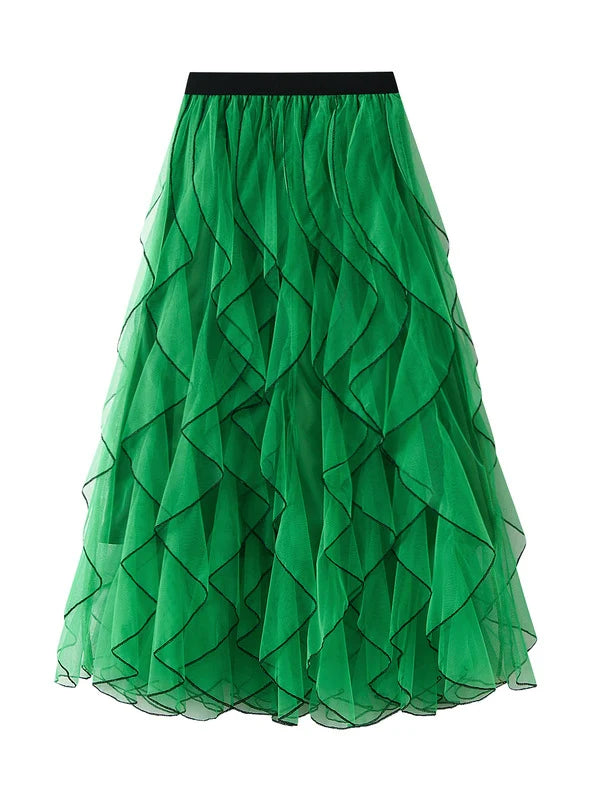 Wavy Gauze Ruffled High Waist Skirt leather skirt sleek