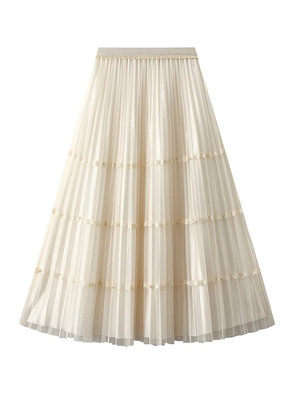 Nail Bead Stitching Pleated Mesh Skirt spandex blend skirt