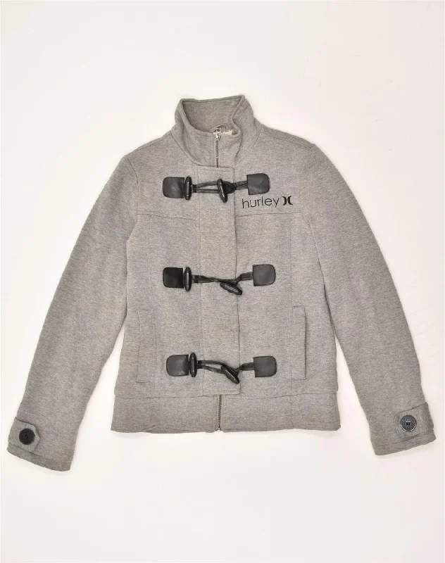 HURLEY Womens Sherpa Duffle Jacket UK 10 Small Grey Cotton Tiered Jacket Buttoned Jacket Zippered Jacket