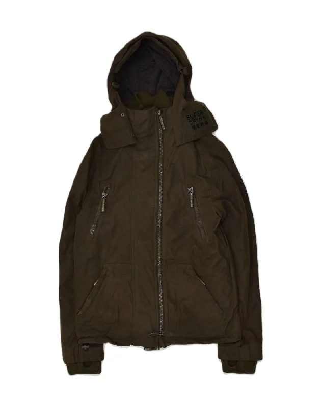 SUPERDRY Womens Hooded Windbreaker Jacket UK 14 Medium Khaki Nylon Herringbone Jacket Checkered Jacket Solid Jacket