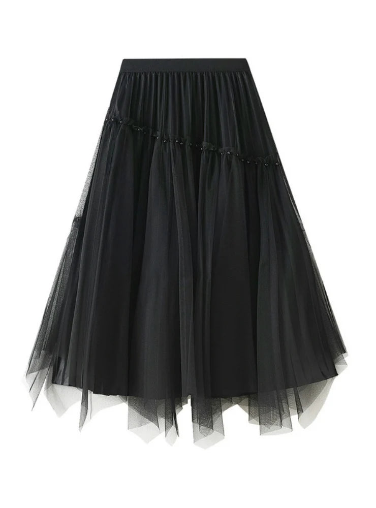 Beaded Irregular High Waist Mesh Wears Skirt on Both Sides casual skirt length
