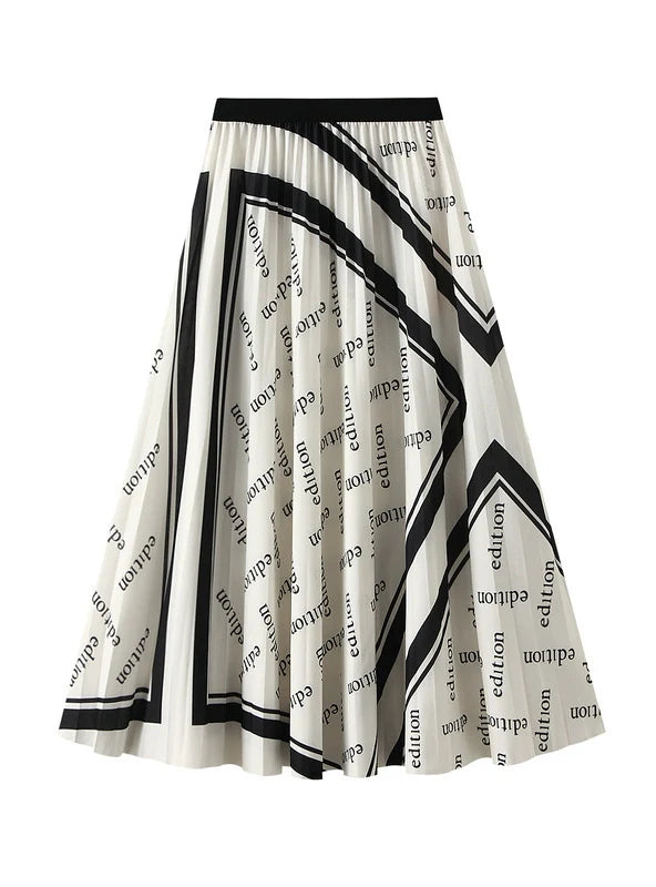 Elastic Waist Pleated Letter Printed Skirt high slit skirt