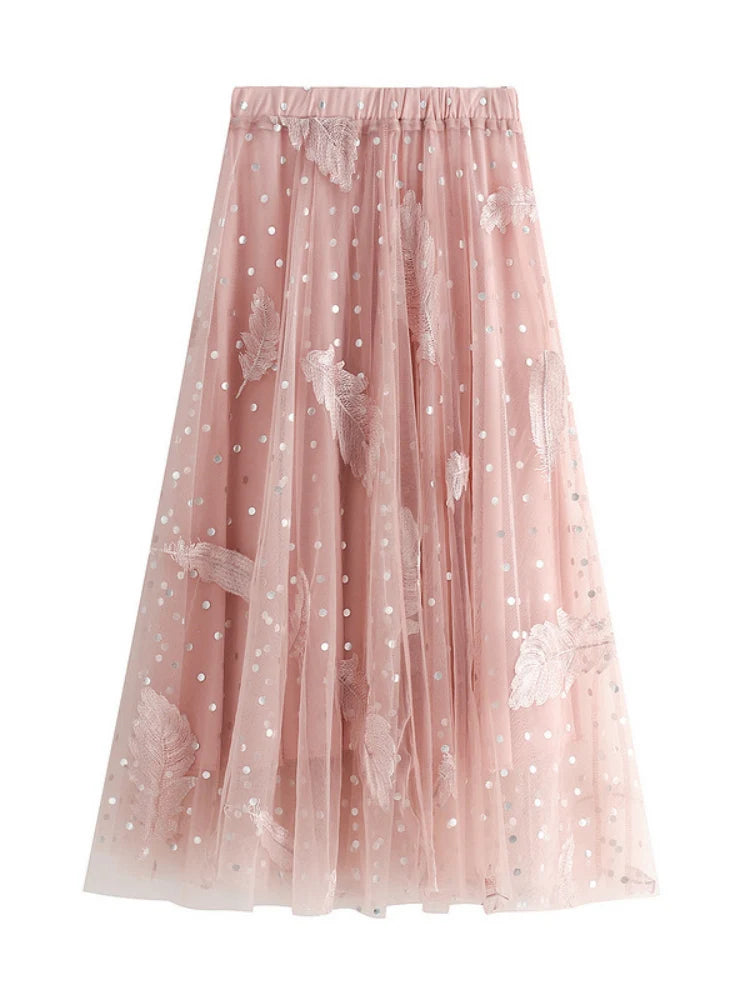 Feather Embroidered Gauze Skirt velvet skirt plush