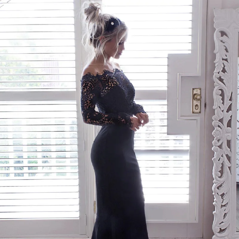 Off Shoulder Lace Prom Dress, Mermaid Prom Dress, Long Sleeve Prom Dress, LB0725 Tunics Distressed trendy