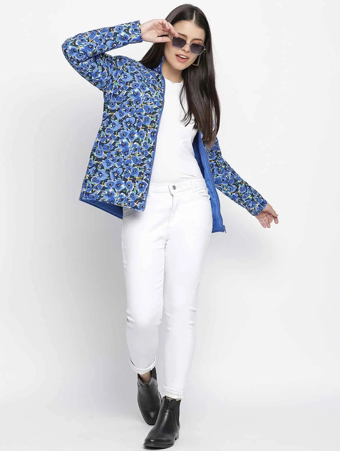 Women Printed Blue Collared Neck Full Sleeve Jacket Rayon Fabric Velvet Fabric Corduroy Fabric Women Printed Blue Collared Neck Full Sleeve Jacket Rayon Fabric Velvet Fabric Corduroy Fabric