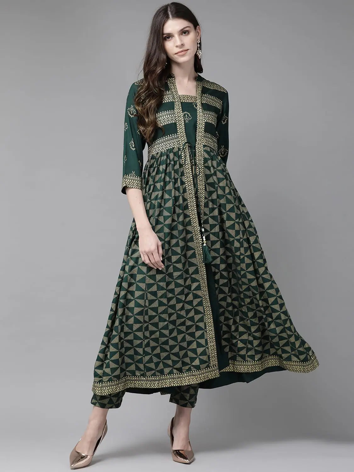 Juniper Jade Green Rayon Slub Printed Jacket Style Kurta With Pants Satin Fabric Silk Fabric Chiffon Fabric