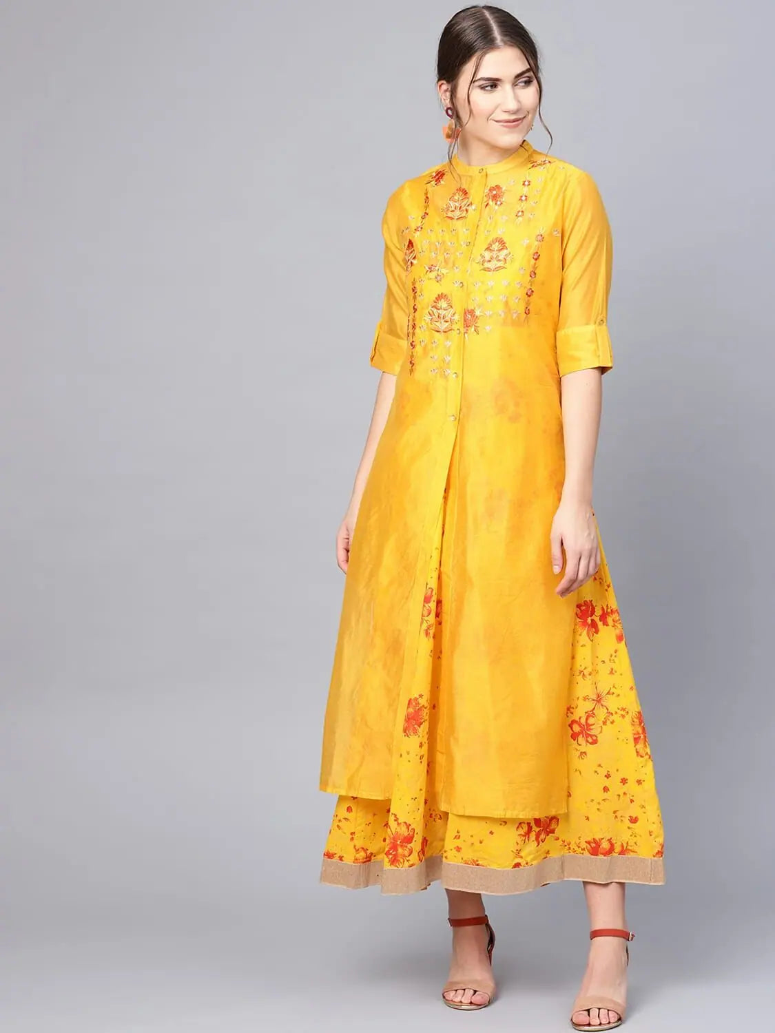 Juniper Mustard Cambric & Rayon Floral Print Jacket Style Kurta With Mask Snapped Jacket Toggled Jacket Drawstring Jacket
